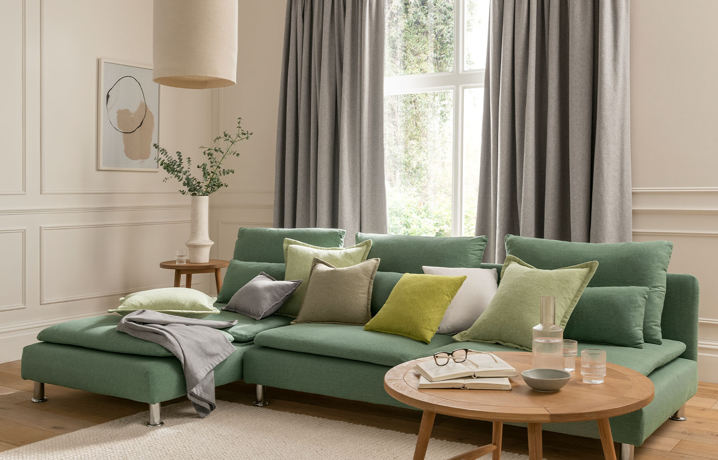 Orla fabrics as sofa, cushions and curtains