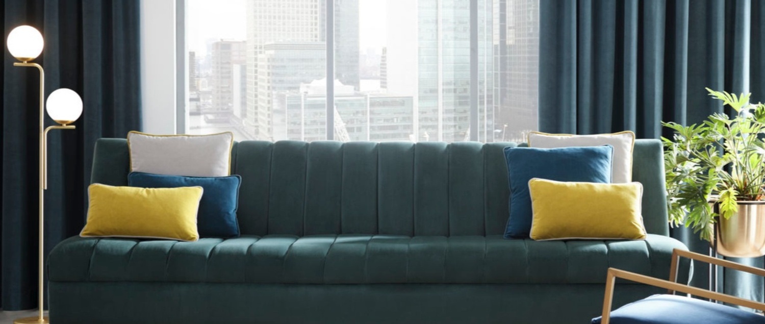 Miami collection green, blue and yellow velvet sofa and cushions Miami collection green, blue and yellow velvet sofa and cushions